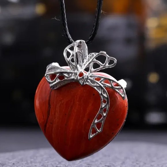 Jewelry - Redstone Natural Gemstone Love Heart Bow Knot Pendant Necklace Gemstone Pendant